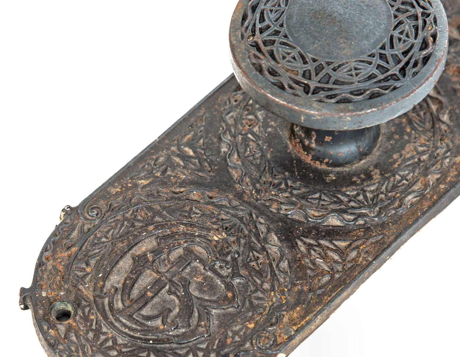 museum quality 19th century louis sullivan-designed ornamental cast iron chicago stock exchange office door knob and monogrammed backplate