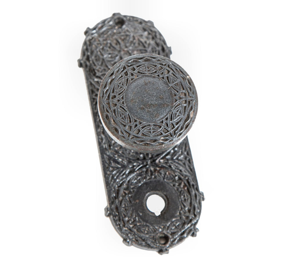 original museum-quality 19th century louis sullivan-designed ornamental cast iron chicago stock exchange utility or lavatory door hardware with bower-barff finish