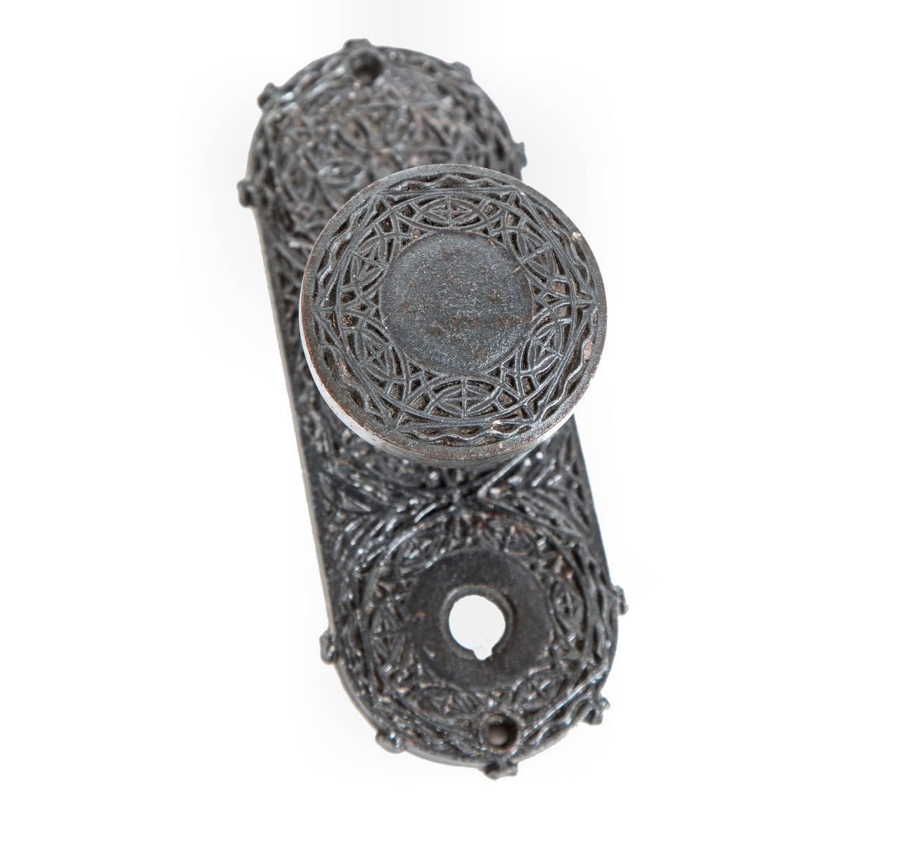 original museum-quality 19th century louis sullivan-designed ornamental cast iron chicago stock exchange utility or lavatory door hardware with bower-barff finish