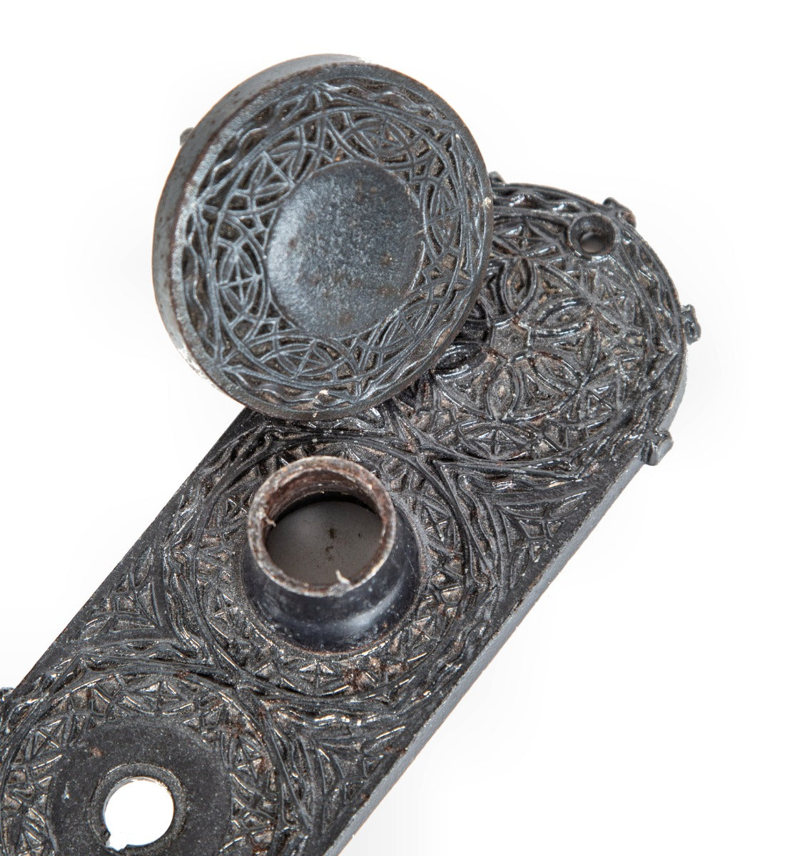 original museum-quality 19th century louis sullivan-designed ornamental cast iron chicago stock exchange utility or lavatory door hardware with bower-barff finish