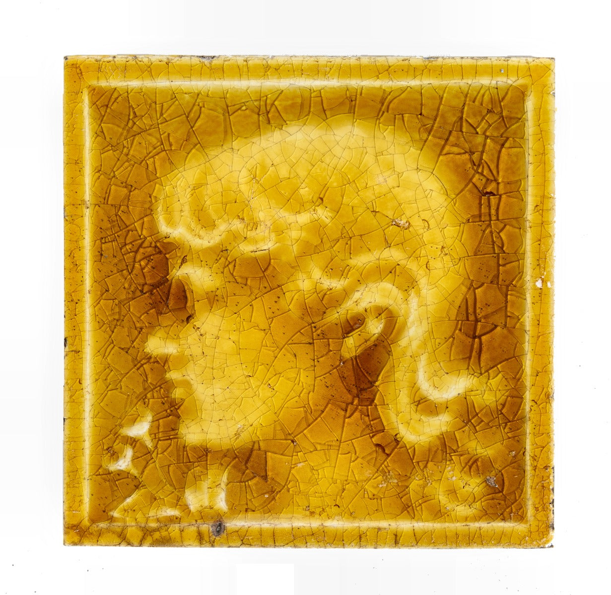 original 1890's antique american salvaged chicago canary yellow glazed majolica fireplace portrait or picturesque corner tile