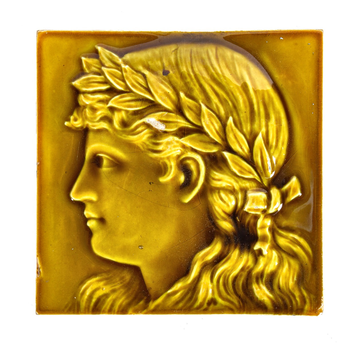 single 19th century antique american embossed majolica glazed picturesque fireplace corner portrait tile