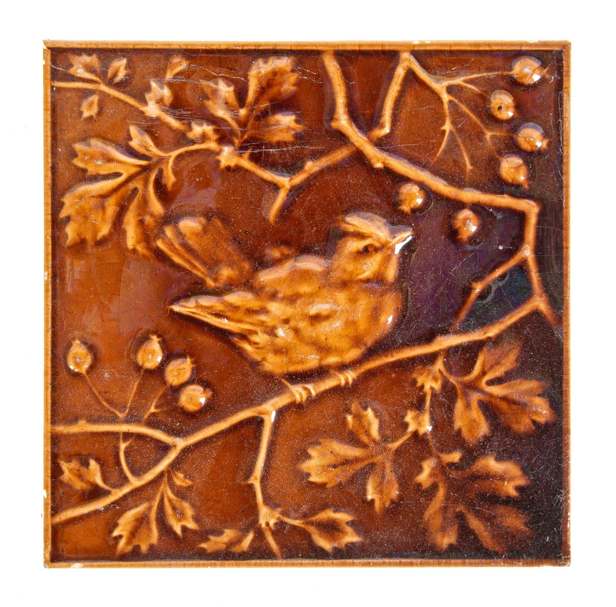 19th century antique american victorian-era reddish-brown figural fireplace corner majolica glazed tile with winged bird