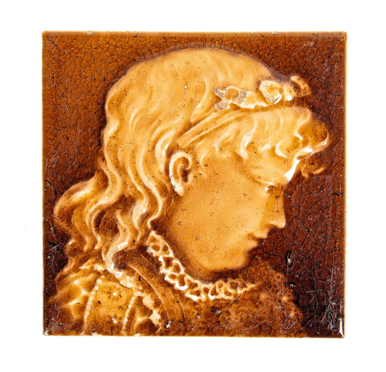 19th century heavily crazed antique american salvaged chicago 6 x 6 inch figural fireplace corner tile