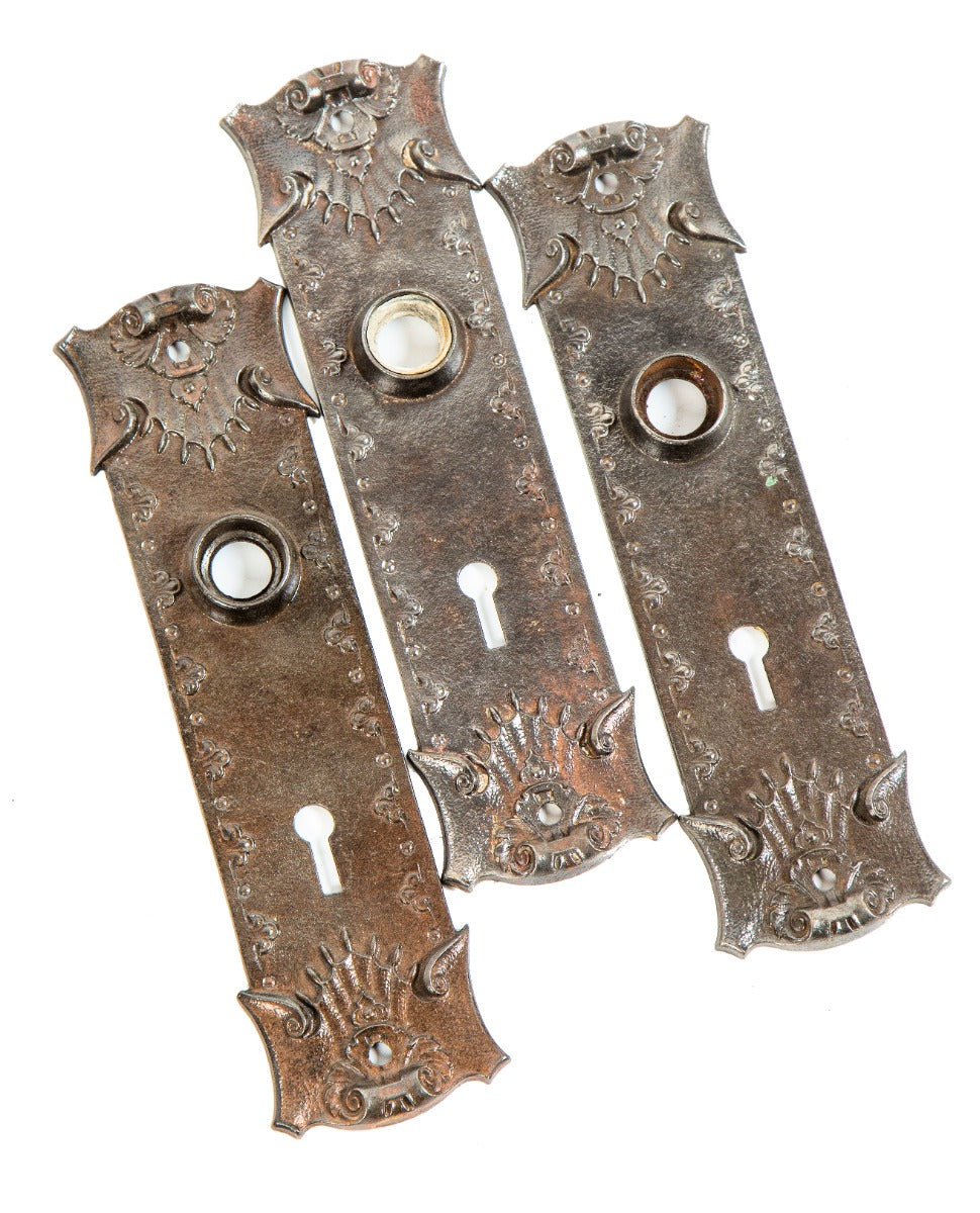 group of three matching ornamental 19th or early 20th century ornamental cast iron "ideal" pattern doorknob backplates