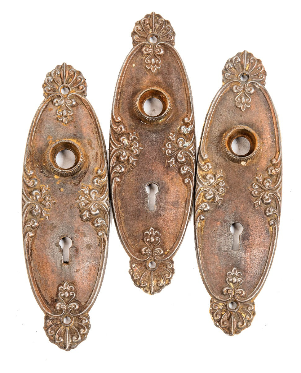 group of three matching early 20th century ornamental cast iron "cambridge" pattern interior passage door backplates