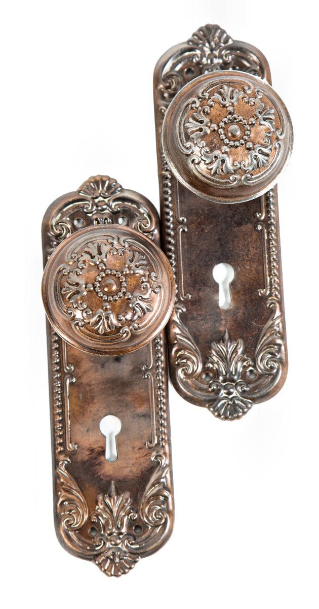 early 20th century salvaged chicago antique american ornamental copper-plated wrought steel passage door hardware