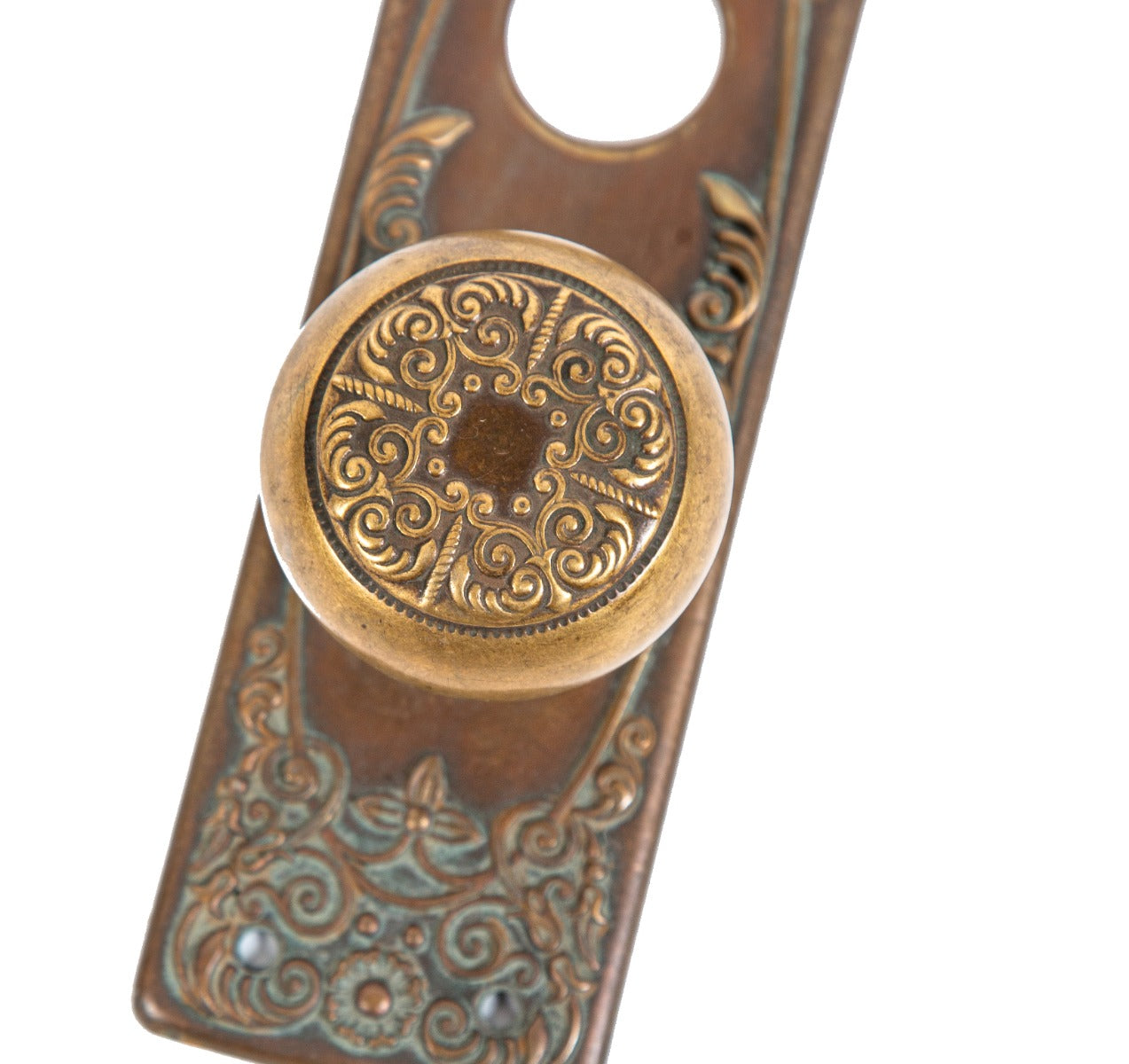 original early 20th century antique american ornamental cast brass entrance door size "alexandria" pattern doorknob and matching backplate