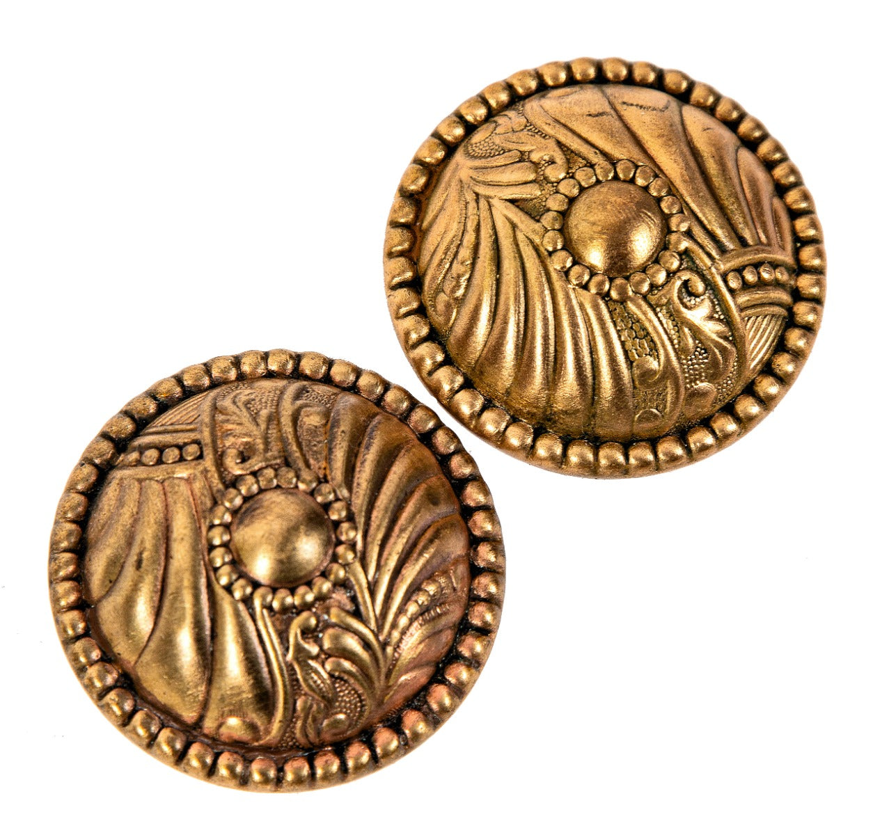 original late 19th century ornamental wrought bronze "roanoke" pattern doorknobs with beaded borders