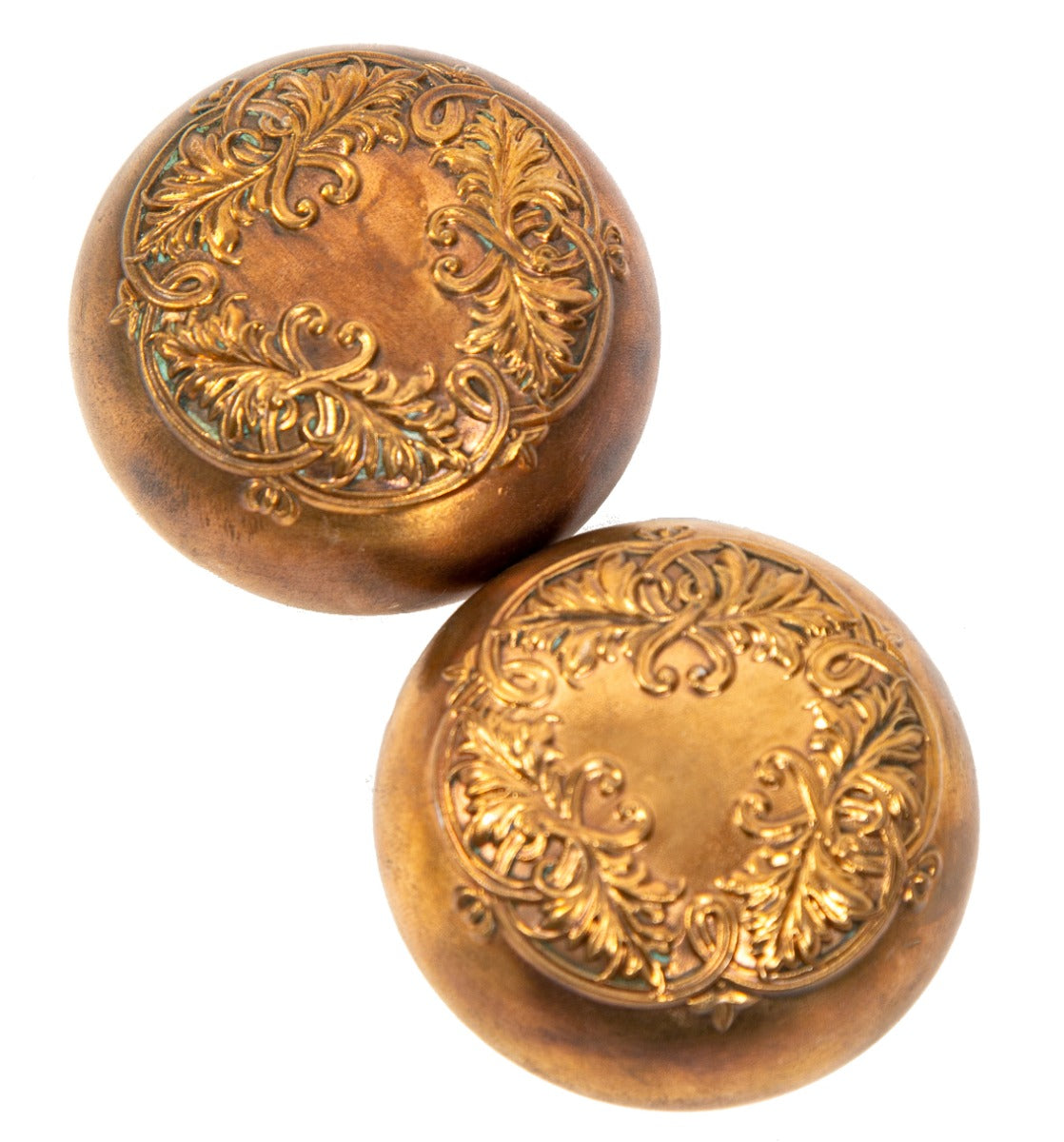 nicely aged original late 19th century antique american ornamental wrought bronze "loraine" pattern entrance door handles