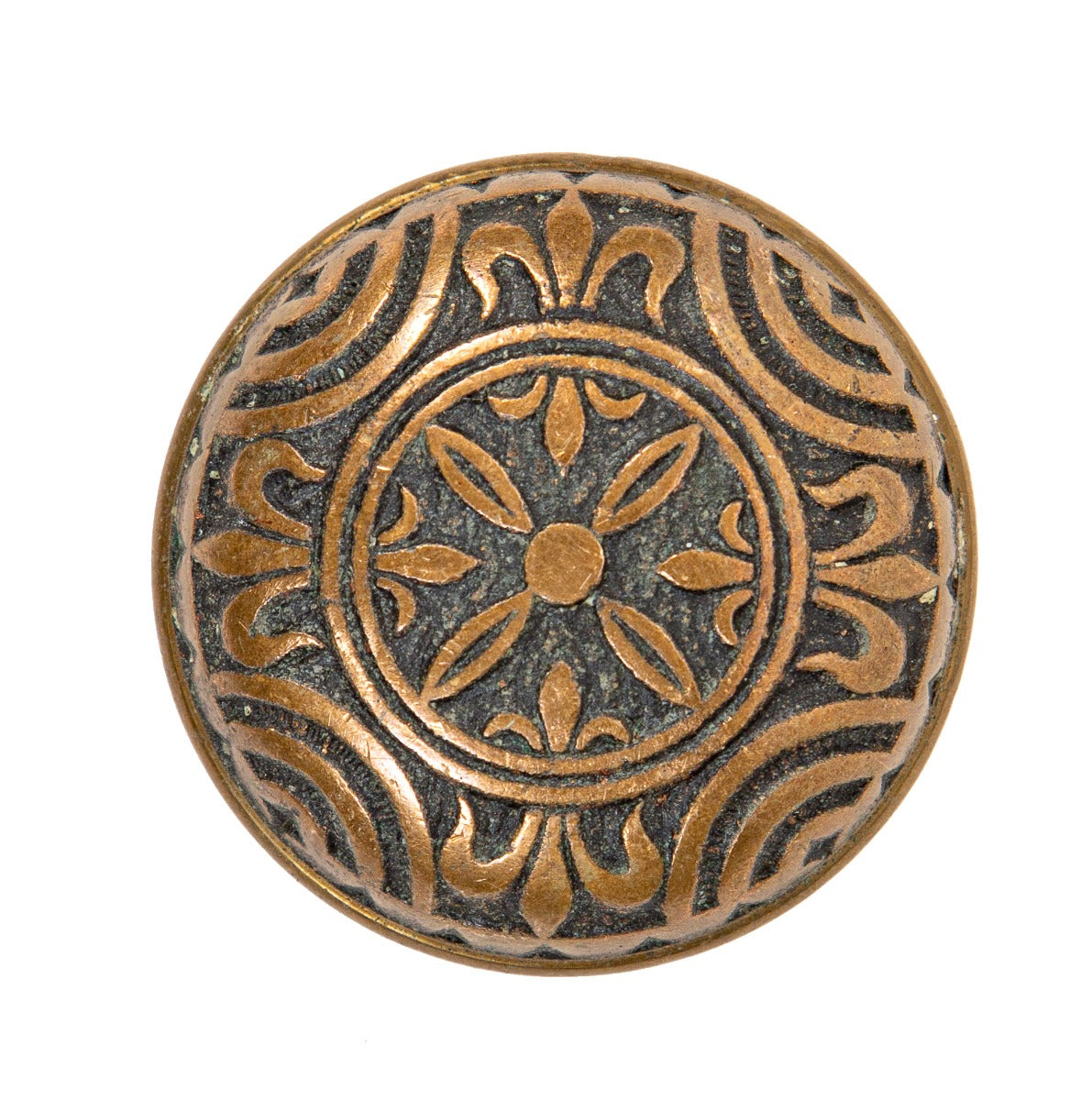 seldom found original 19th century antique american "fleur-de-lis" pattern cast brass banded rim doorknob with nicely aged patina