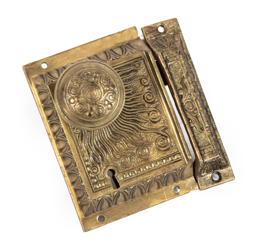 original fully functional 19th century ornamental cast brass saloon adams-westlake saloon door rimlock and matching keeper