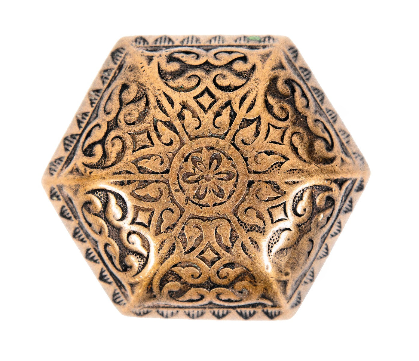 single 1870's original hopkins and dickinson ornamental cast bronze hexagonal-shaped doorknob with nicely aged patina