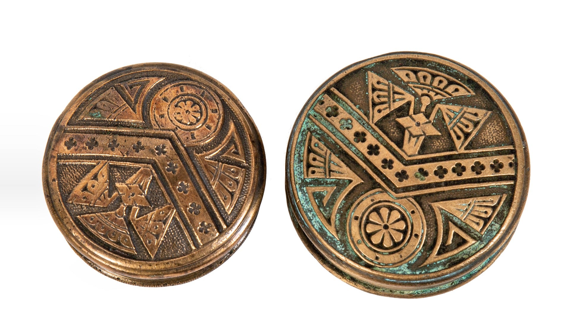 original 19th century antique american salvaged chicago "chevron" pattern norwich cast bronze entrance doorknobs