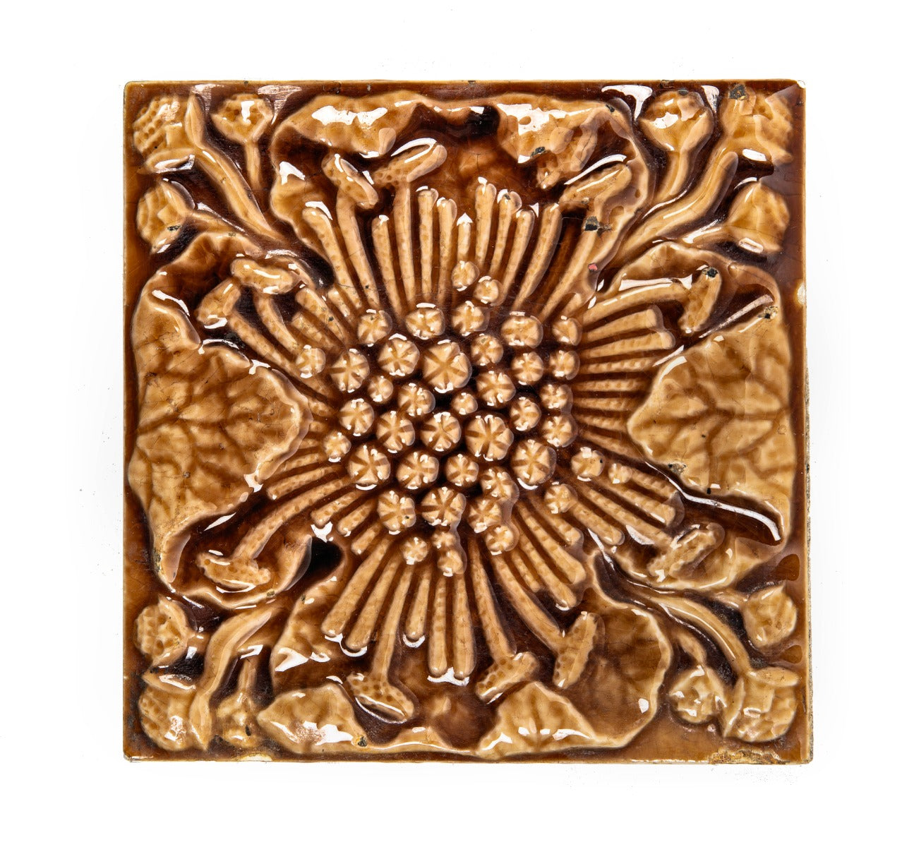 unusually designed 1i9th century reddish-brown majolica glazed embossed floral motif trent fireplace surround tile