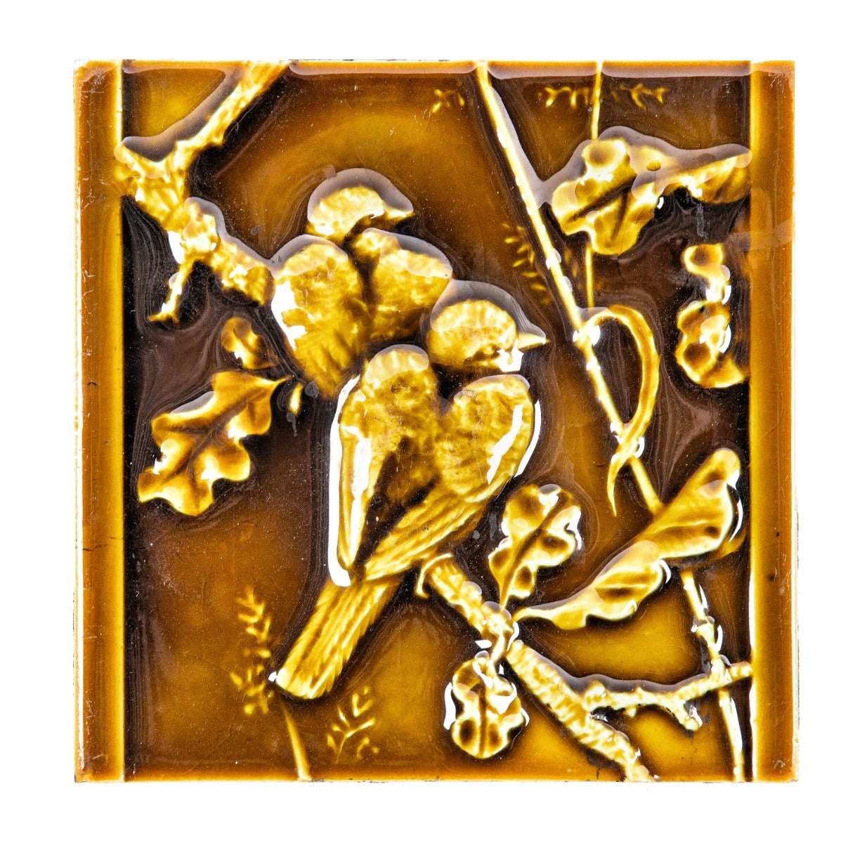 original 19th century antique american salvaged chicago richly colored mottled brownish-yellow figural fireplace tile with winged bird