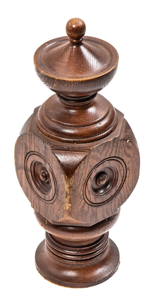 original late 1880s finely made salvaged chicago interior residential varnished oak wood staircase newel post finial with bullseye accents