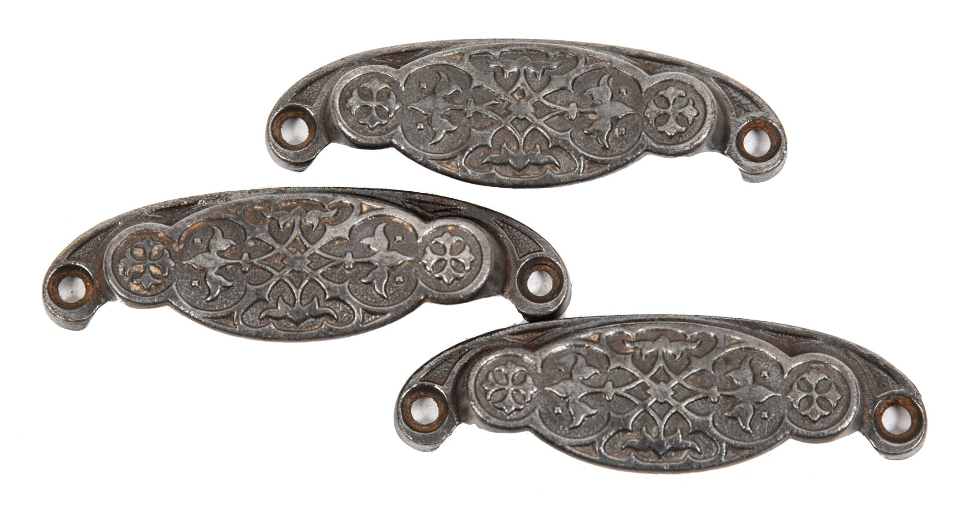 lot of three original antique american druggists' pharmacy cabinet drawer pulls comprised of iron with brushed metal finish