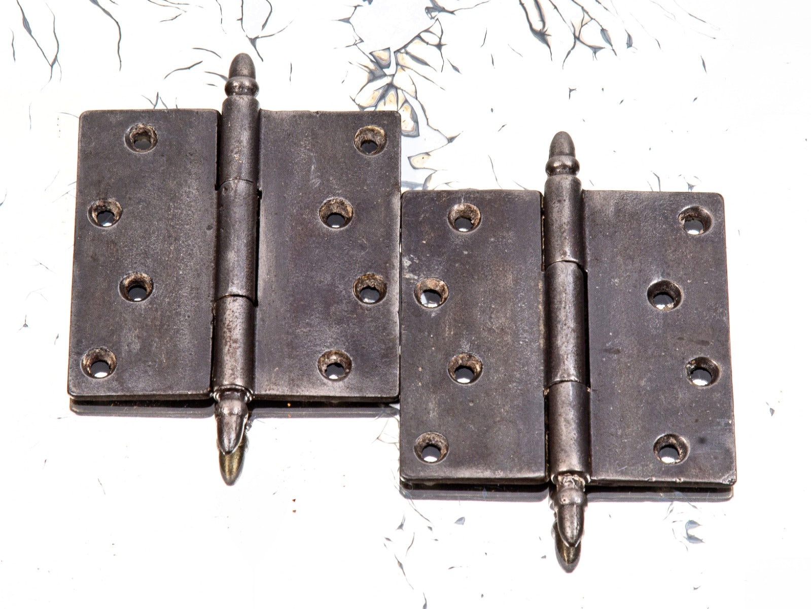 matching set of pre-fire 1860's chicago workers cottage robust cast iron loose-pin hinges with acorn finials