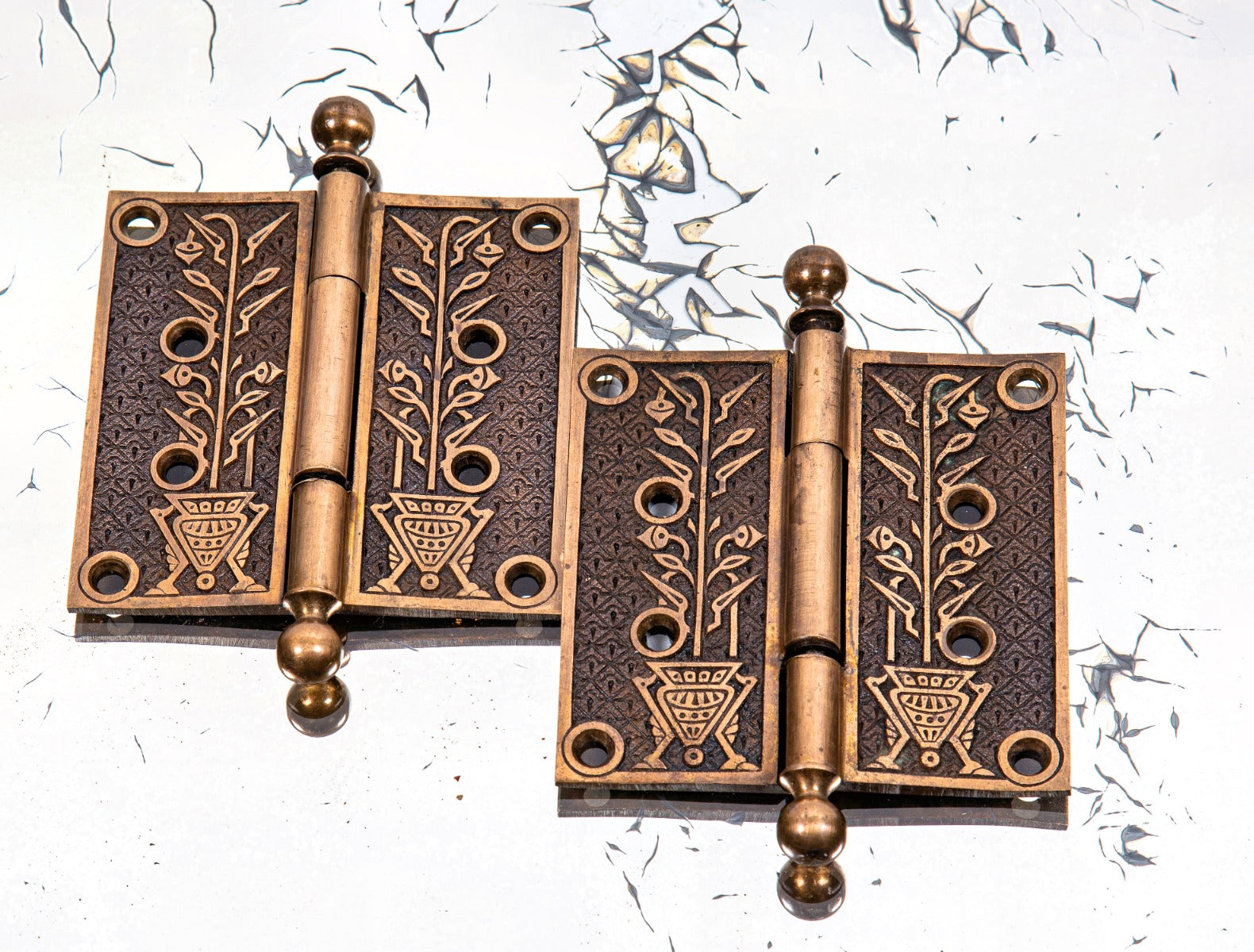 two matching original 19th century ornamental cast bronze "hoofed urn" pattern residential ball finial hinges