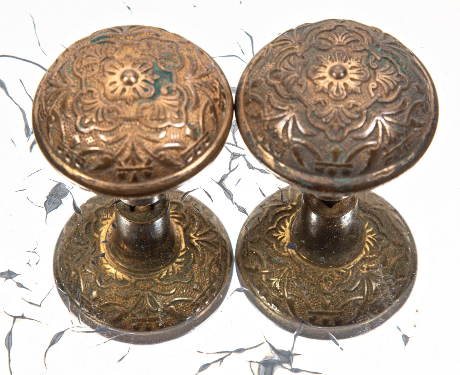 early 1880s antique american ornamental cast bronze banded rim branford hardware company passage size salvaged doorknobs