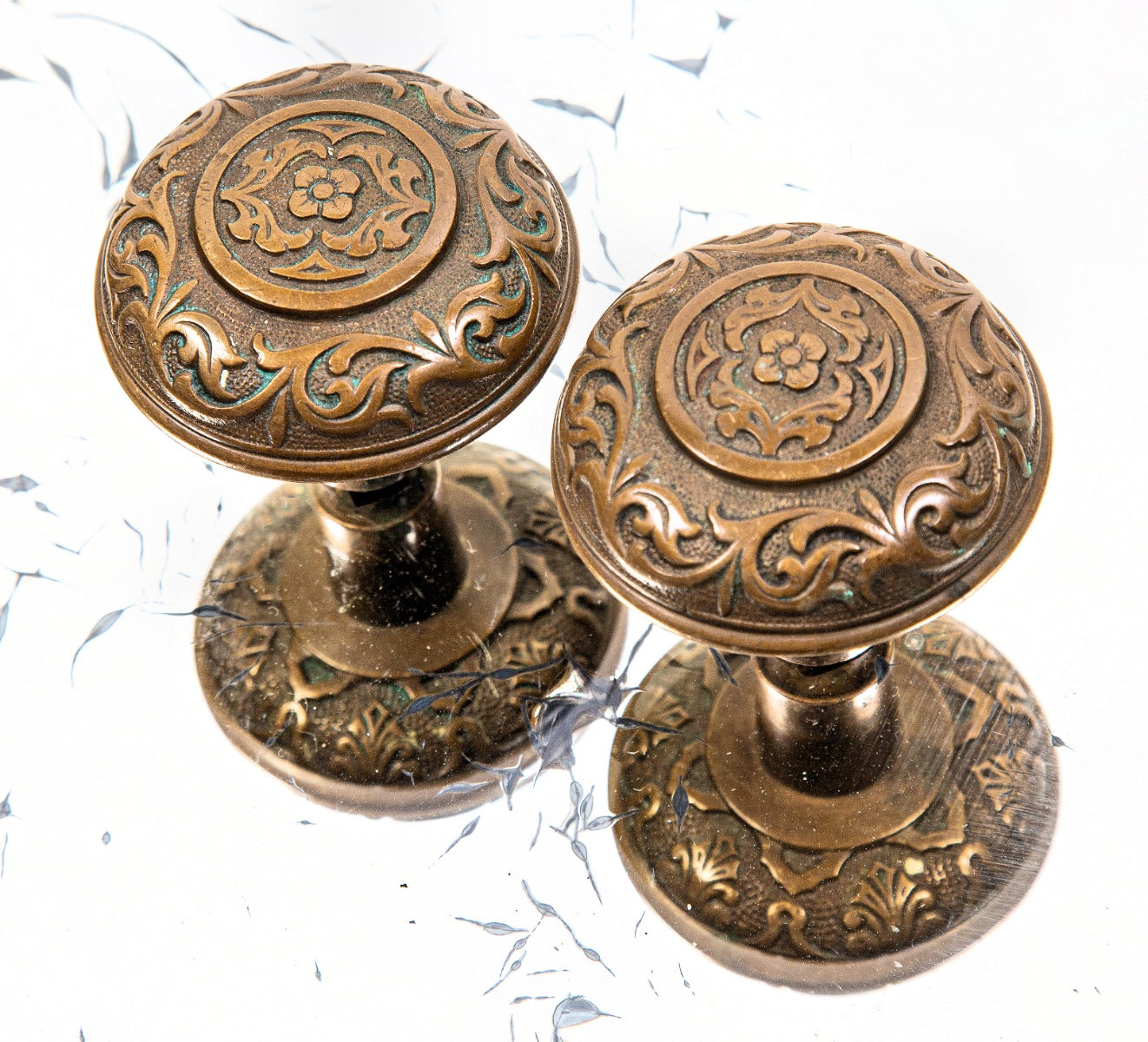two original salvaged chicago 19th century antique american ornamental cast bronze 1880s passage-size doorknobs