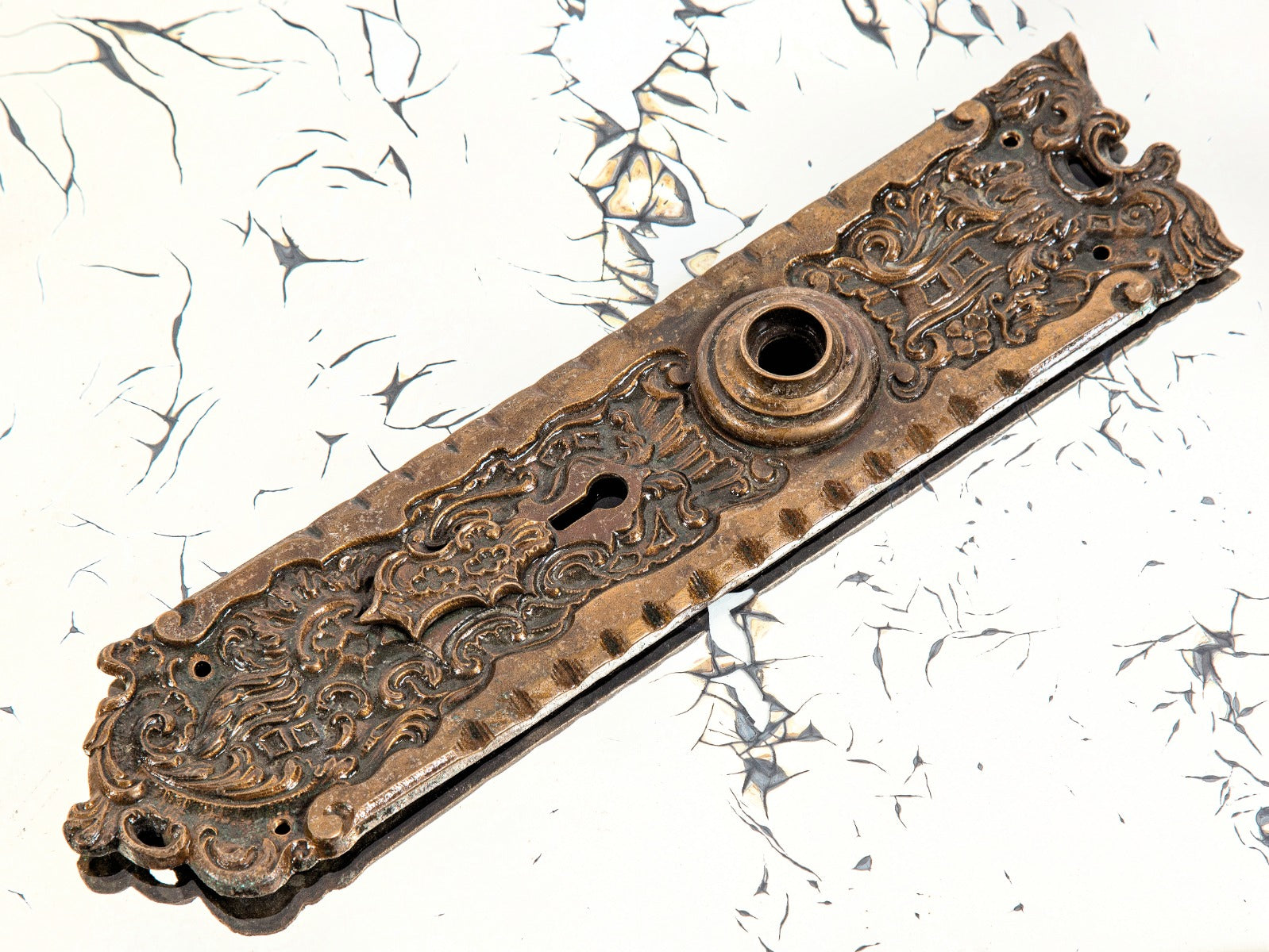 original 19th or early 20th century oversized ornamental cast bronze "belforte" pattern rococo style entrance doorknob backplate with swinging keyhole cover