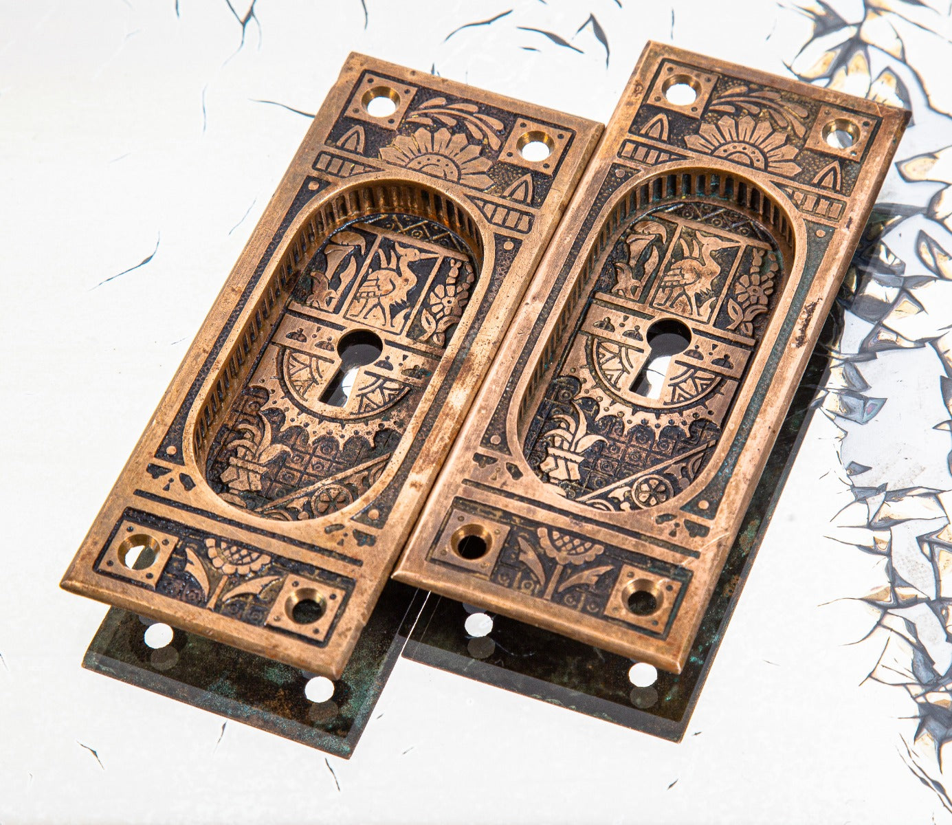 original 1880s salvaged chicago ornamental cast bronze interior residential eastlake style pocket door backplates or escutcheons