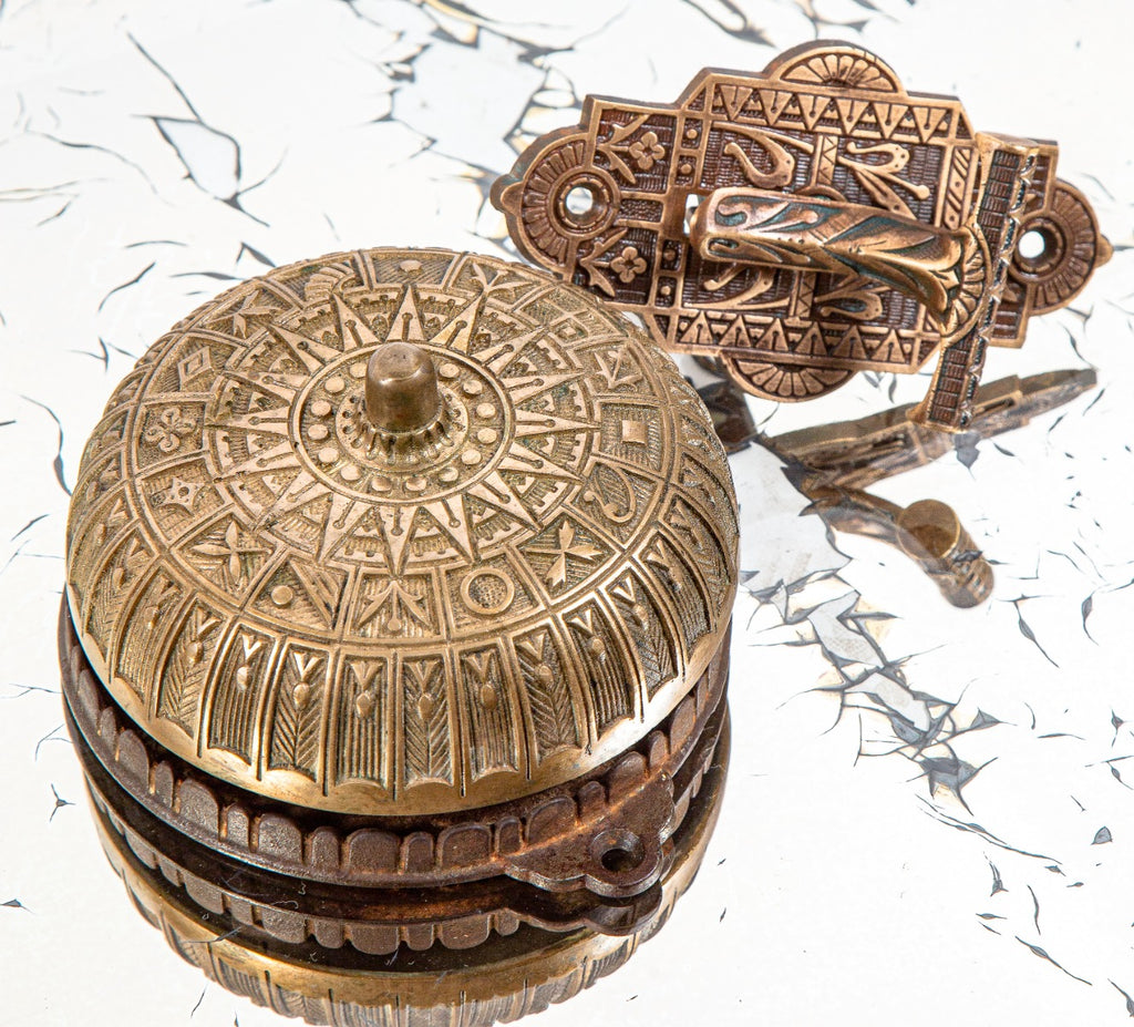 fully functional 1880s original and intact exterior residential antique american victorian-era cast bronze doorbell and t-handle