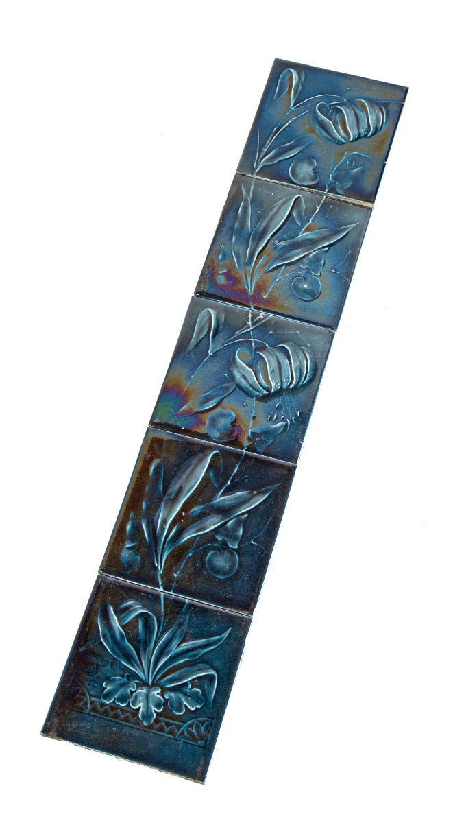 highly stylized and vibrantly colored lot of 19th century victorian-era cobalt blue majolica glazed trent tile floral set