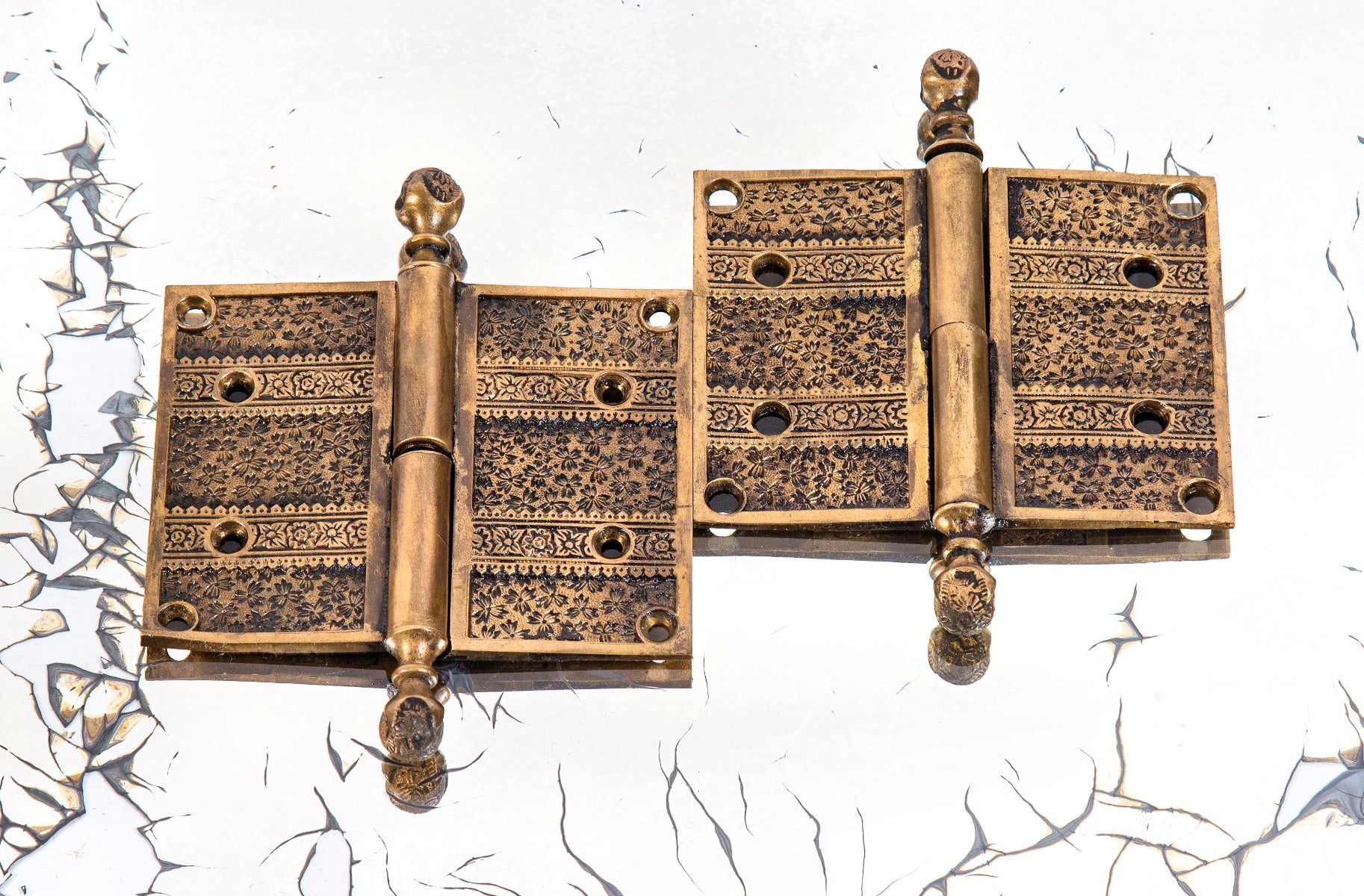 matching set of original american eastlake 1880s ornamental cast bronze "ivy" pattern residential door hinges with ball and claw finials