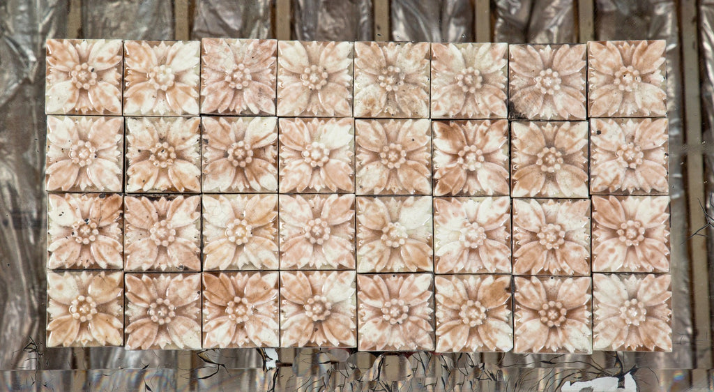 large lot of original salvaged new york city interior rowhouse fireplace 3 x 3 floral majolica-glazed antique tiles