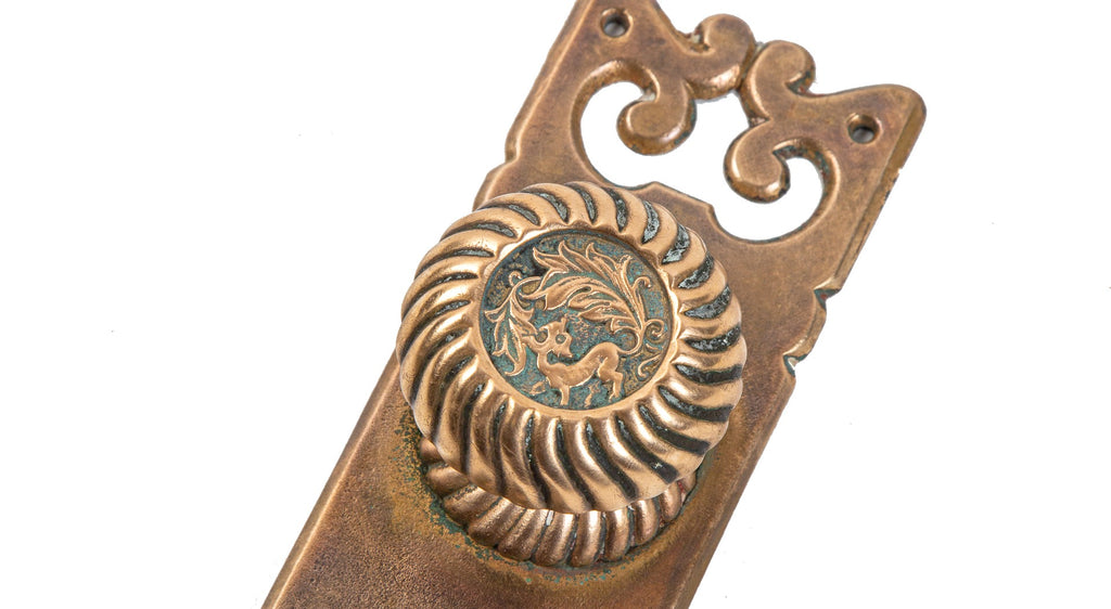 original 19th century antique american ornamental cast bronze salvaged st. louis exterior residential "empire" pattern entrance door hardware