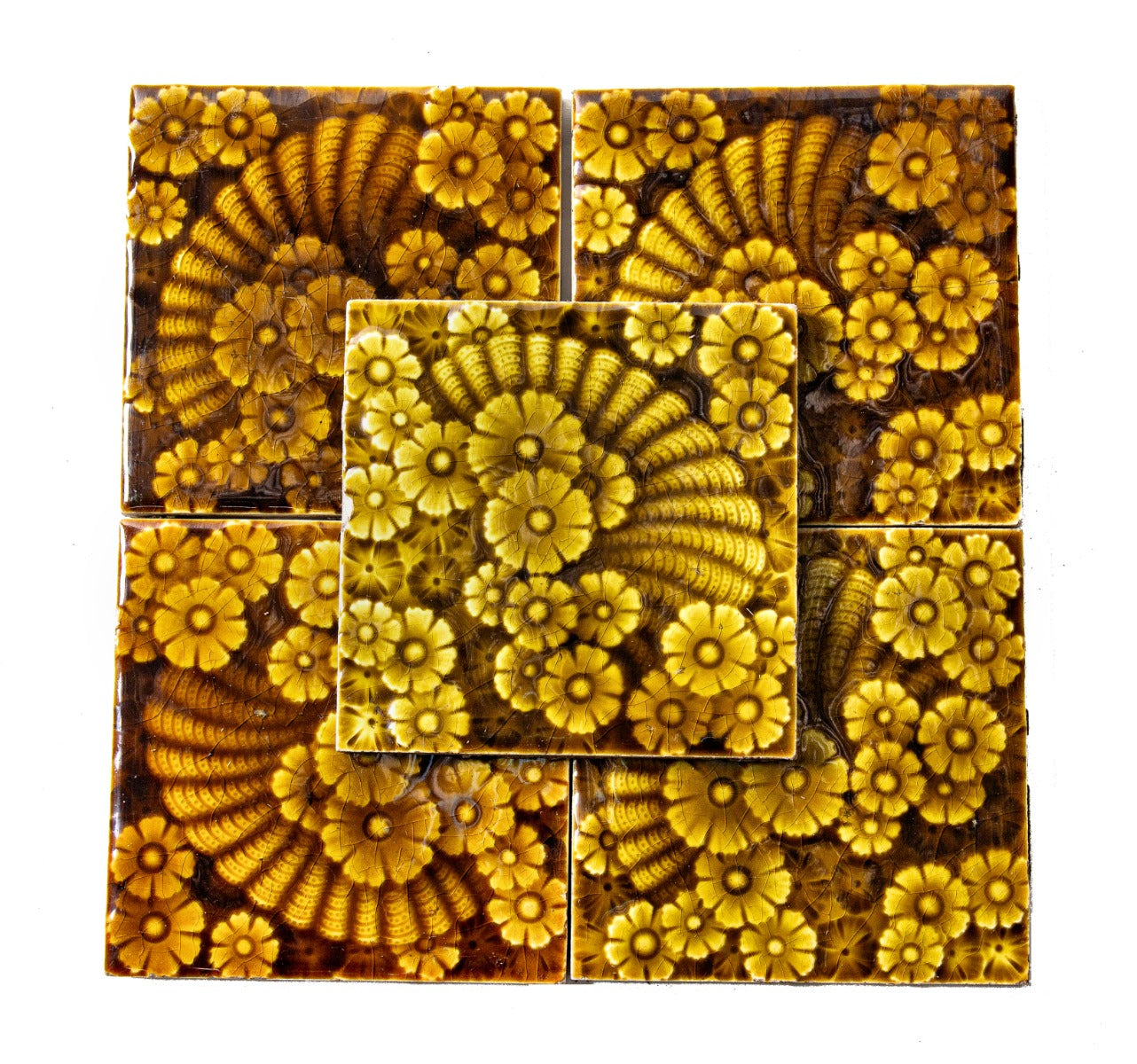 group of five 19th century antique american majolica glazed 6 x 6 inch salvaged chicago residential trent fireplace tiles