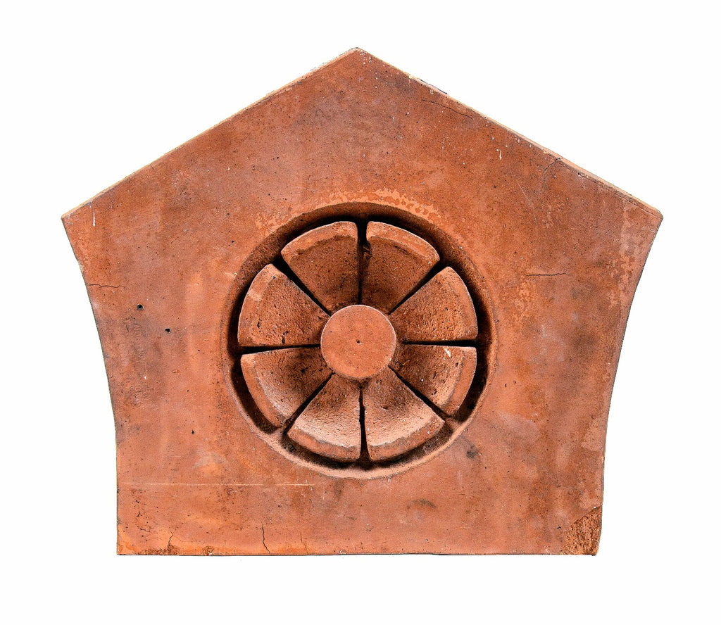 1884-1885 original antique american salvaged chicago red slip glaze northwestern terra cotta keystone with centrally located floral rosette