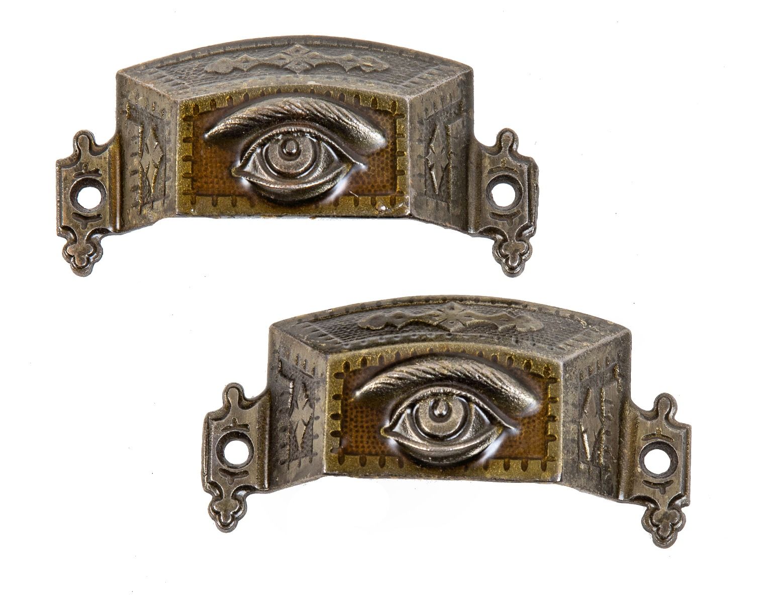 rare 1870s original ornamental cast iron "all-seeing eye" salvaged chicago drawer pulls