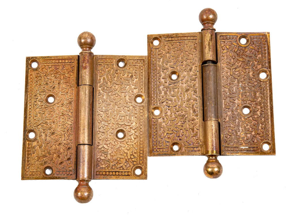 matching set of 19th century anglo-japanese cast bronze "rice" pattern interior residential ball finial hinges