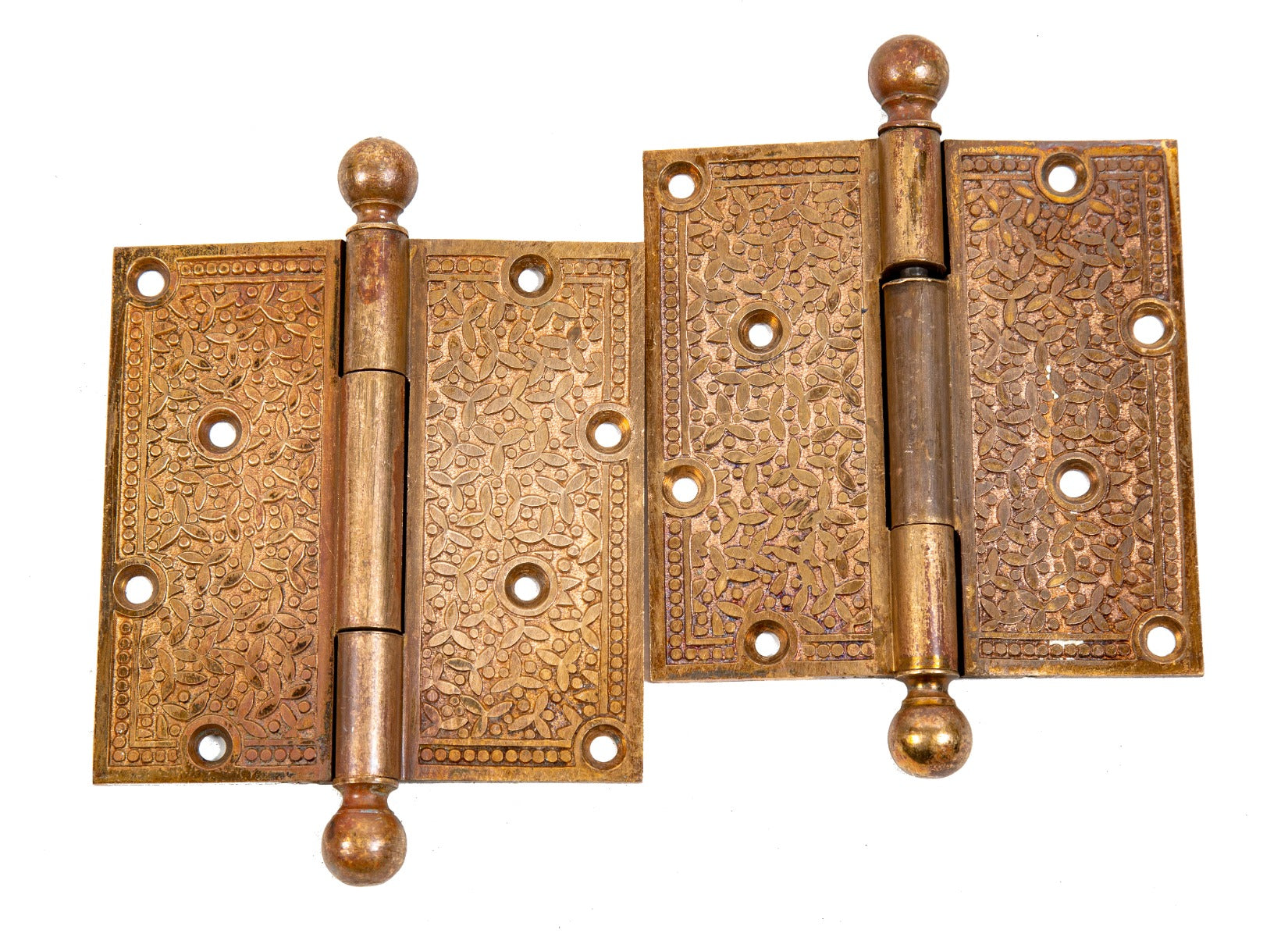 matching set of 19th century anglo-japanese cast bronze "rice" pattern interior residential ball finial hinges
