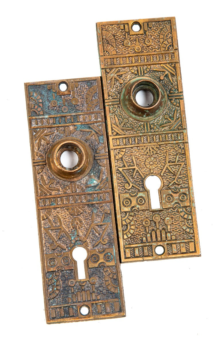 matching set of 19th century ornamental cast bronze "windsor" pattern eastlake style reading hardware doorknob backplates