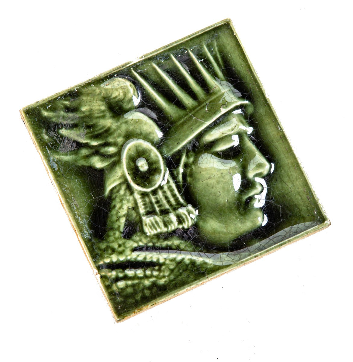 unusual late 19th century richly colored mottled green majolica glazed roman god "mercury" figural fireplace tile