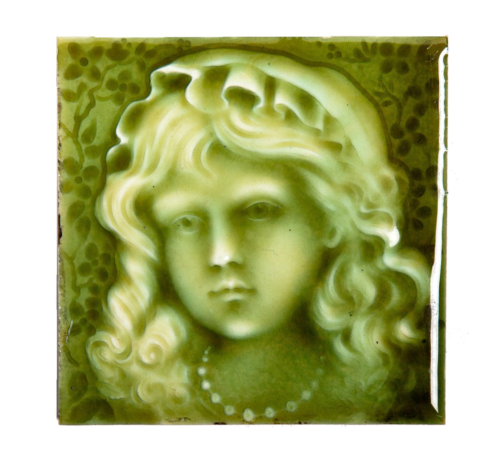 rare 4 x 4 inch finely executed light green majolica glazed lightly embossed figural or portrait tile fabricated by american encaustic tile