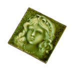 rare 4 x 4 inch finely executed light green majolica glazed lightly embossed figural or portrait tile fabricated by american encaustic tile