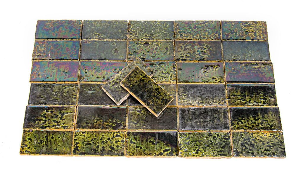 large lot of 19th century mottled green salvaged chicago american encaustic tile company 6 x 3 inch fireplace tiles