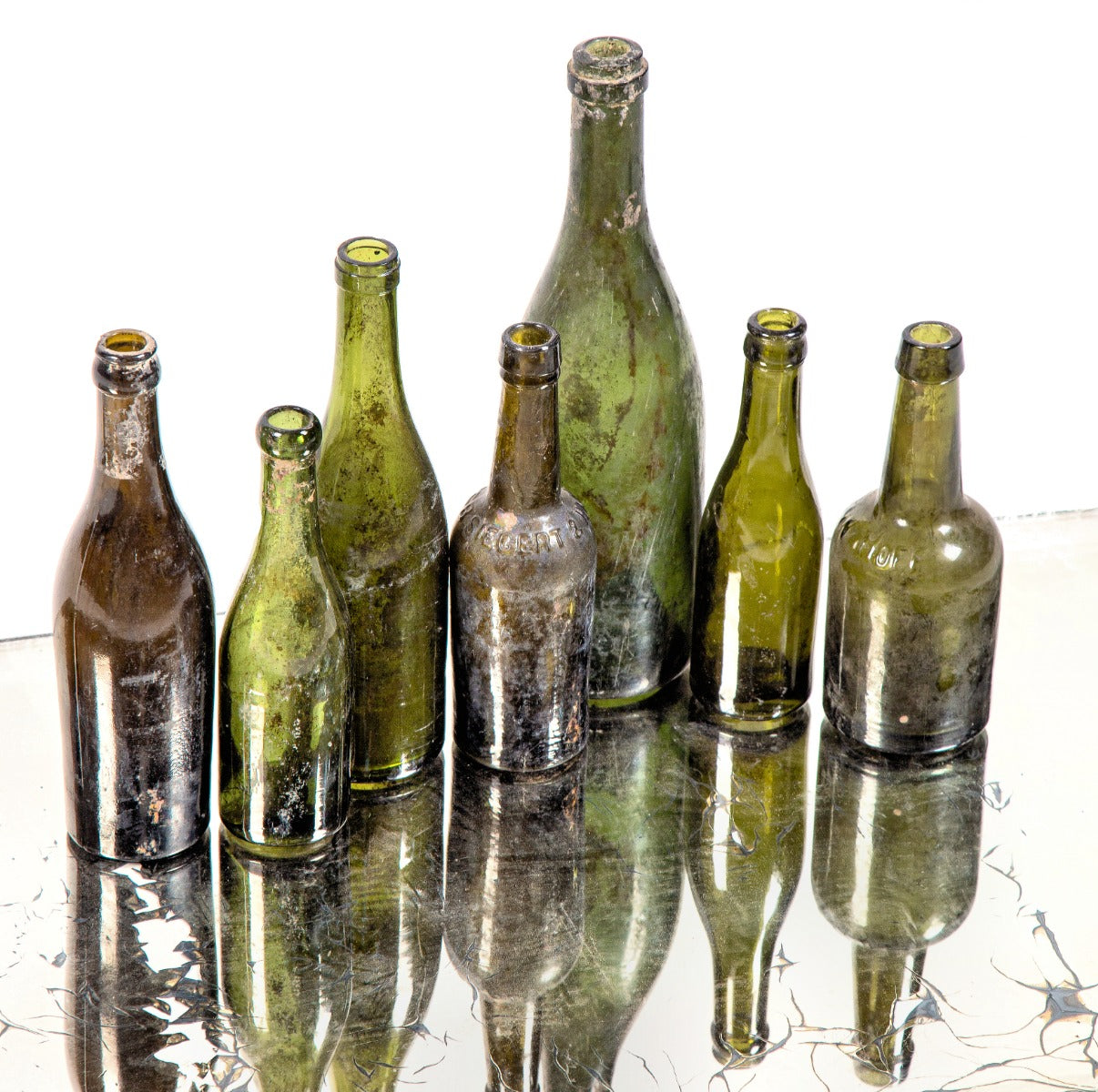 collection of late 19th century antique american salvaged chicago privy-dug green glass utility and condiment bottles