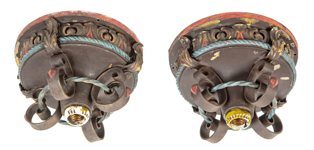 two matching original 1920s custom-designed logan square masonic temple building flush mount fixtures with original polychrome enameled finish