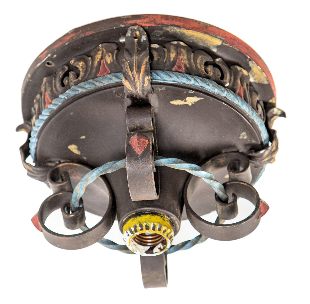 two matching original 1920s custom-designed logan square masonic temple building flush mount fixtures with original polychrome enameled finish