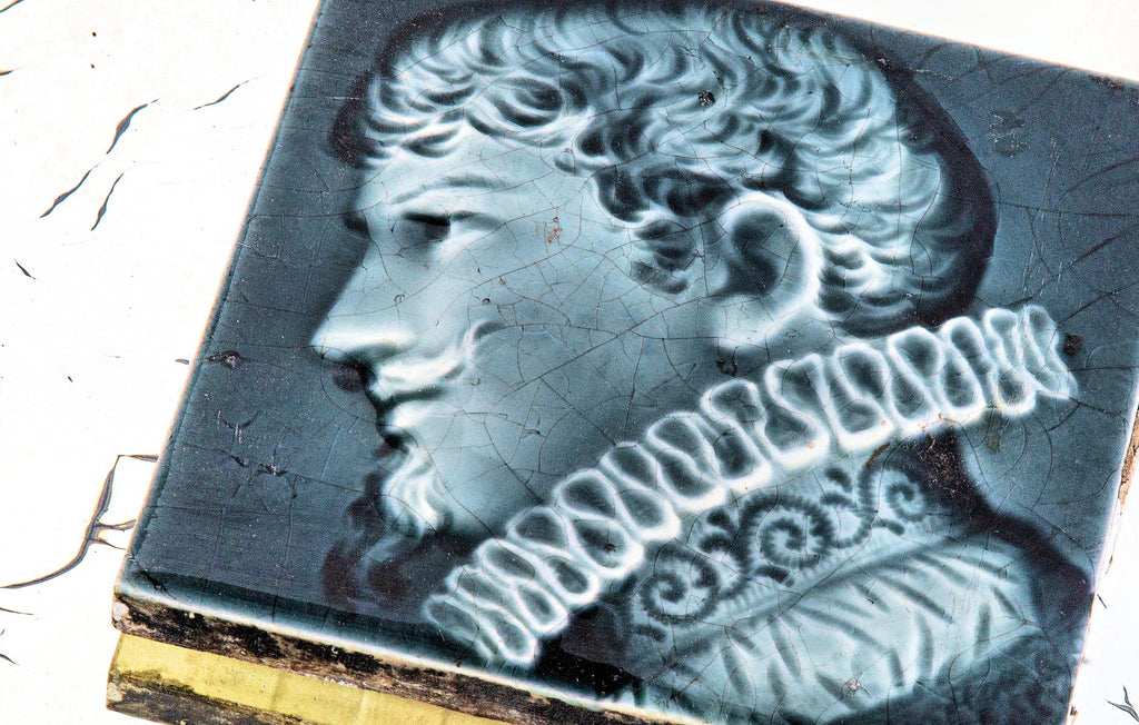 original isaac broome-designed 19th century blue-gray majolica-glazed victorian shakespearean fireplace corner tile