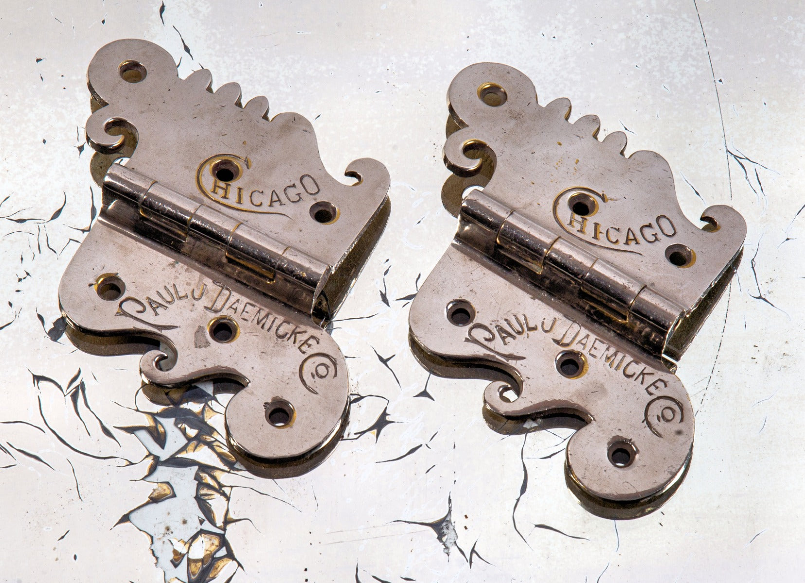 matching set of original "new old stock" 1880s antique american salvaged chicago nickel-plated bronze ice box door hinges