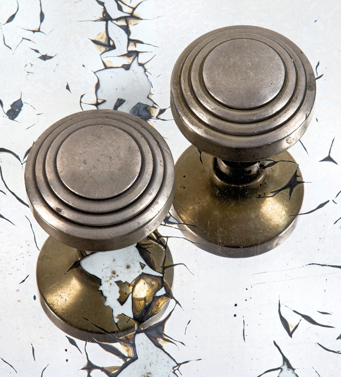 super streamlined american art deco nickel-plated cast bronze custom-designed doorknobs from holabird and root's chicago board of trade building