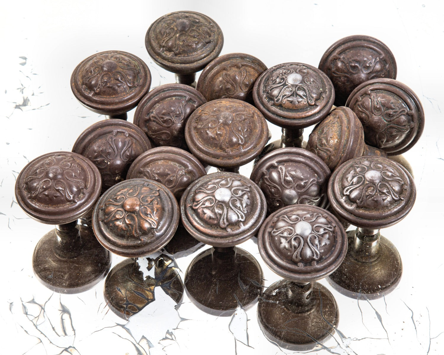 large lot of early 20th century antique american ornamental wrought steel reading hardware "crofton" pattern salvaged chicago passage doorknobs